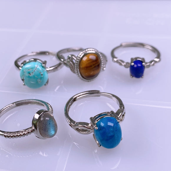 Natural Stone Ring for Women Men Vintage Bohemian Silver Color Rings Geometric Alloy Adjustable Rings Wedding Party Jewelry Gift